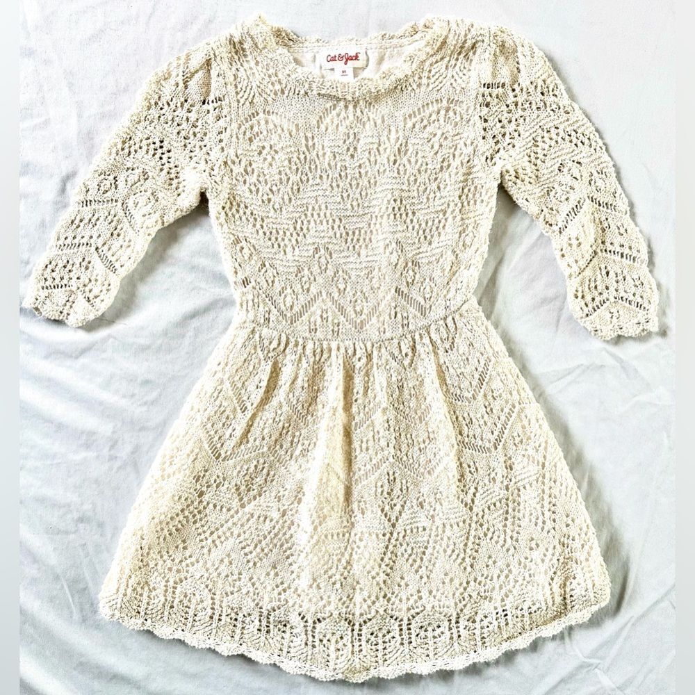 Cat & Jack Girls Size 5T Ivory & Gold Crochet Knit Dress – Long Sleeve